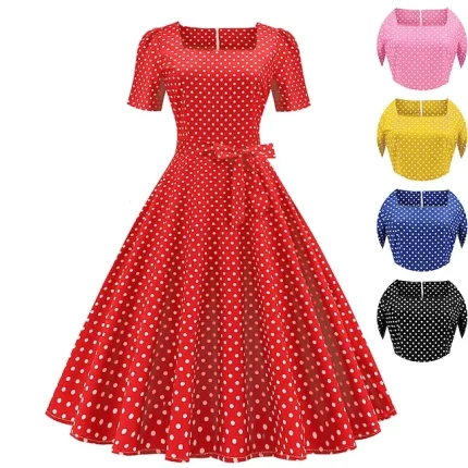 Women's Vintage Dress Casual Dress Swing Dress Midi Dress Black Pink Red Short Sleeve Polka Dot Bow Summer Spring Fall Square Neck Vintage Wedding Guest Summer Dress Spring Dress 2023 S M L XL XXL