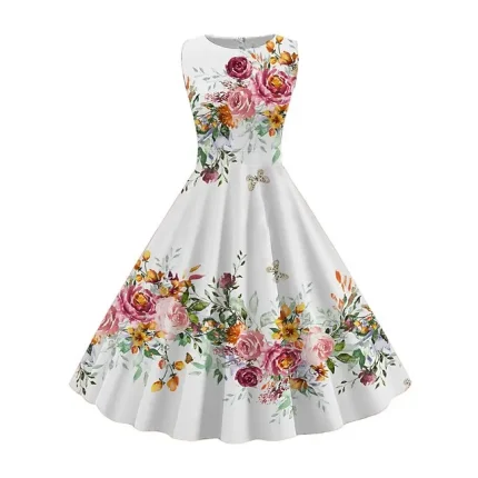 Women's Vintage Retro Vintage Dress Midi Dress Daily Holiday Ruched Print Floral Crew Neck Sleeveless Slim Summer Spring 2023 White S M L XL