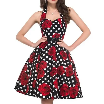 Women's Retro 1950s Vintage Tea Dresses Midi Dress Party Holiday Backless Print Floral Halter Sleeveless Regular Fit Summer Spring 2023 Black White S M L XL