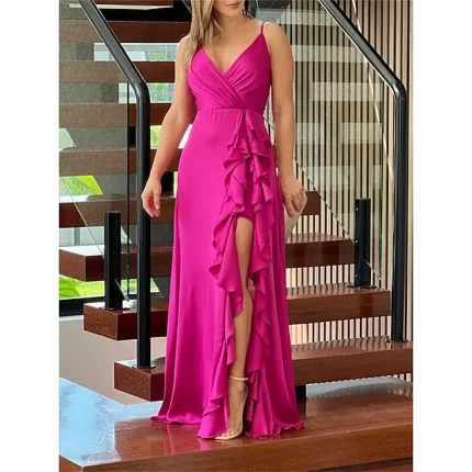 Women's Prom Dress Party Dress Wedding Guest Dress Long Dress Maxi Dress Fuchsia Green Dark Blue Sleeveless Pure Color Ruffle Spring Fall Winter Spaghetti Strap Fashion Birthday Evening Party Wedding