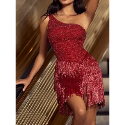 Women's Sequin Dress Fringe Dress Party Dress Sparkly Dress Mini Dress Wine Sleeveless Spring Fall Winter One Shoulder Fashion