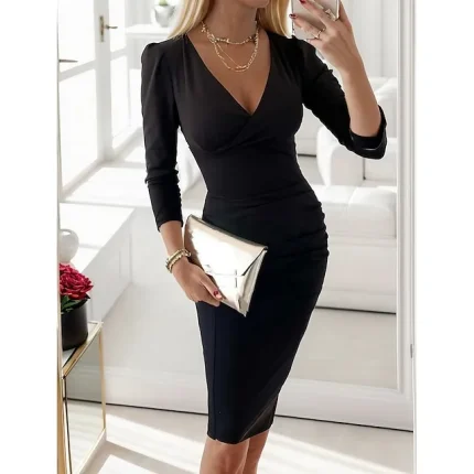 Women‘s Little Black Dress Christmas Party Dress Cocktail Dress Midi Dress Black Red Long Sleeve Patchwork Spring Fall Winter V Neck Winter Dress Black Cocktail Dress